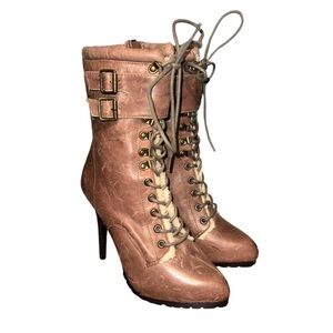 Aldo Brown Lace-Up Stiletto Heeled Ankle Boots Fur Lined Booties Size 37 / 6.5